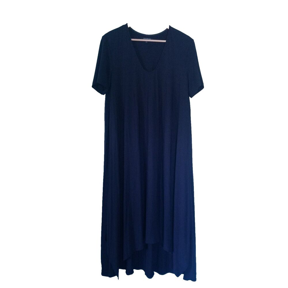 Lafayette 148 Trapeze Dress Navy Blue Size Large Lagenlook Short Sleeve V-Neck